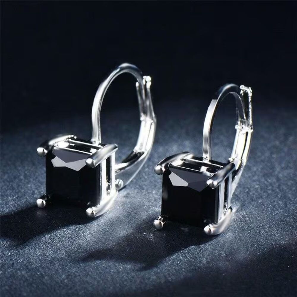Black Princess Cut Zirconia Crystal Drop Hoop Earrings Square Dangle Gemstone